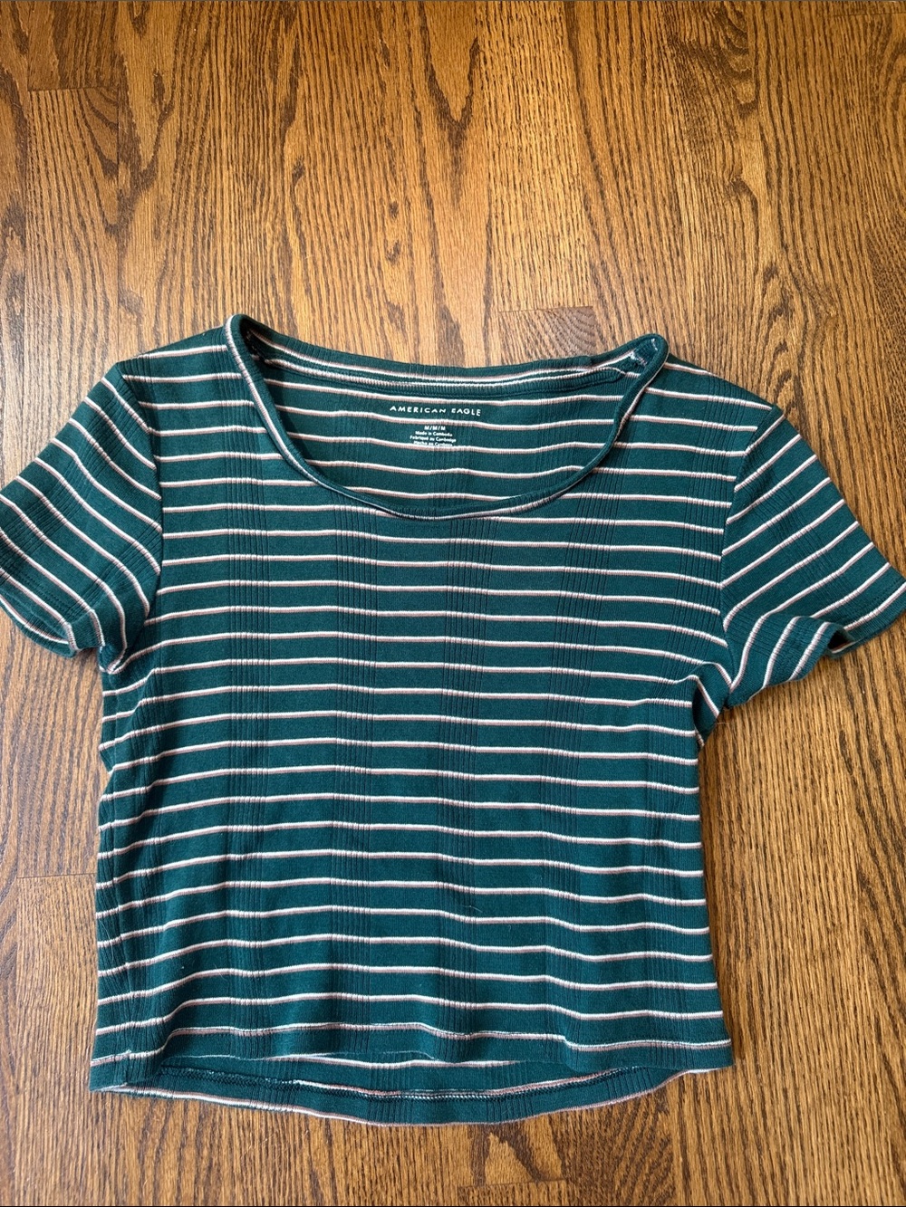 American Eagle Outfitters Teal Green & White Striped Crop Tee